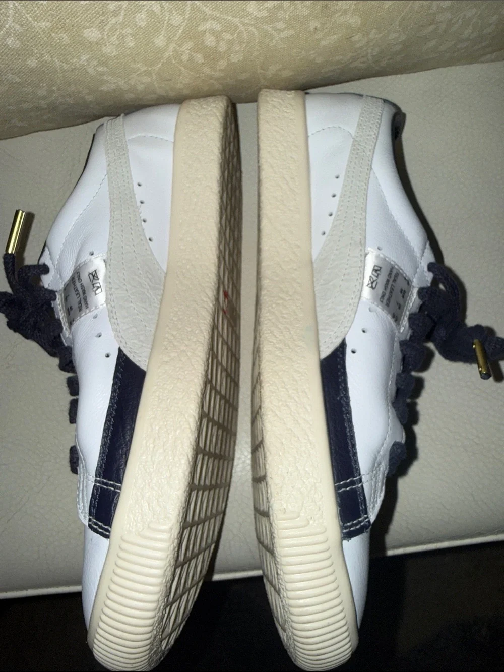 Puma White Leather Sneakers with Navy Laces and Gold Accents